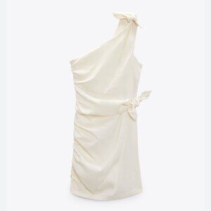 NWOT Zara Asymmetric Stretchy Off-white Dress with Ties Ecru Size Medium
